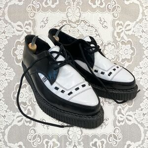 TUK two-tone pointed creepers black & white vegan leather contrast stitch